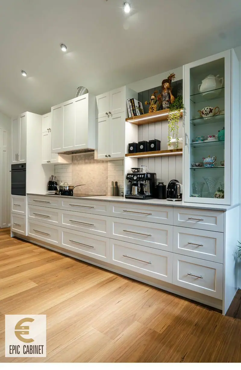 Rowville kitchen renovation with custom joinery open shelving and glass cabinets